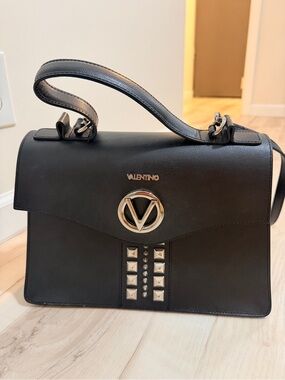 Valentino Black Leather Satchel with Silver V Emblem
